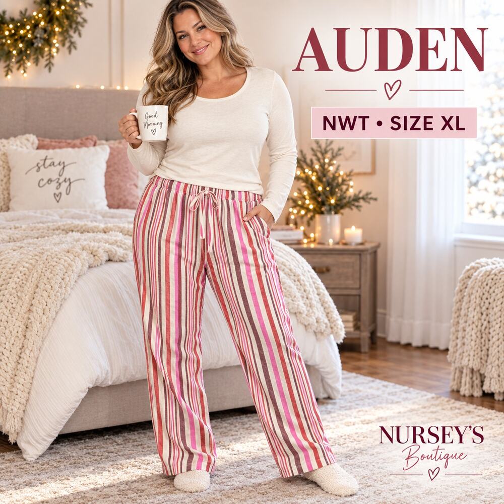 Auden NWT XL Red Pink Striped Cotton Flannel Pajama Lounge Pants